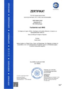 Zertifikat für einen Fachbetrieb nach WHG bescheinigt vom TÜV SÜD Industrie Service GmbH, gültig bis: Juli .2026